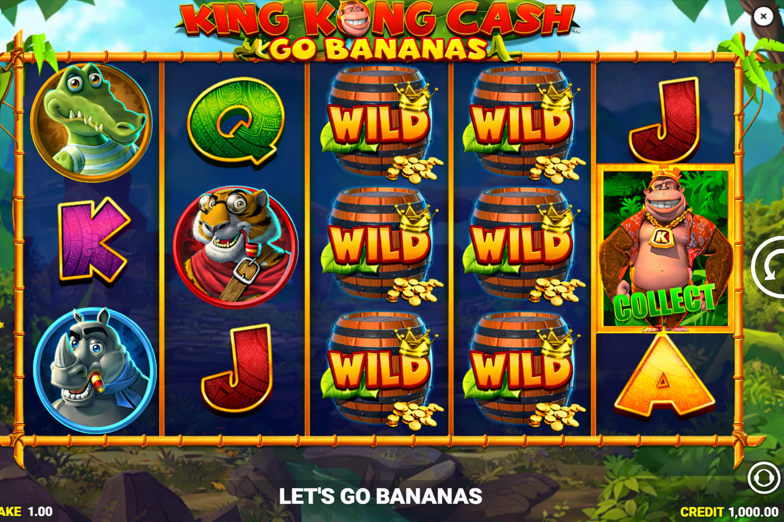 King Kong Cash Go Bananas demo gameplay showing stacked Wild barrels, Collect symbol, and jungle-themed reels