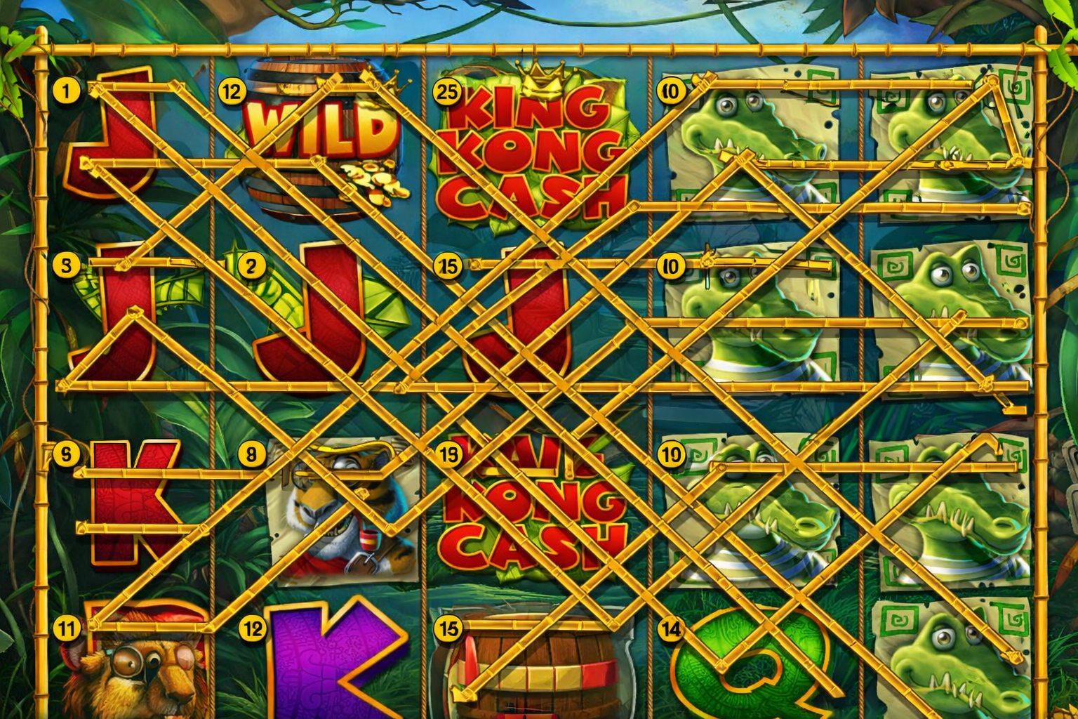 King Kong Cash slot base game with all 20 winlines overlaid on the reels