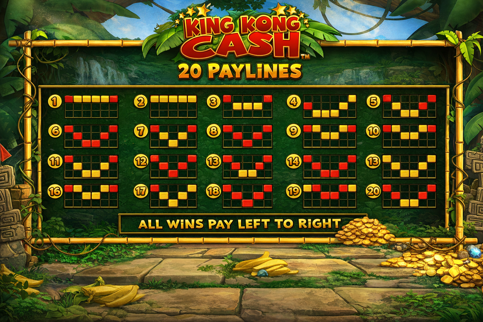 King Kong Cash 20 winlines diagram showing all fixed payline patterns