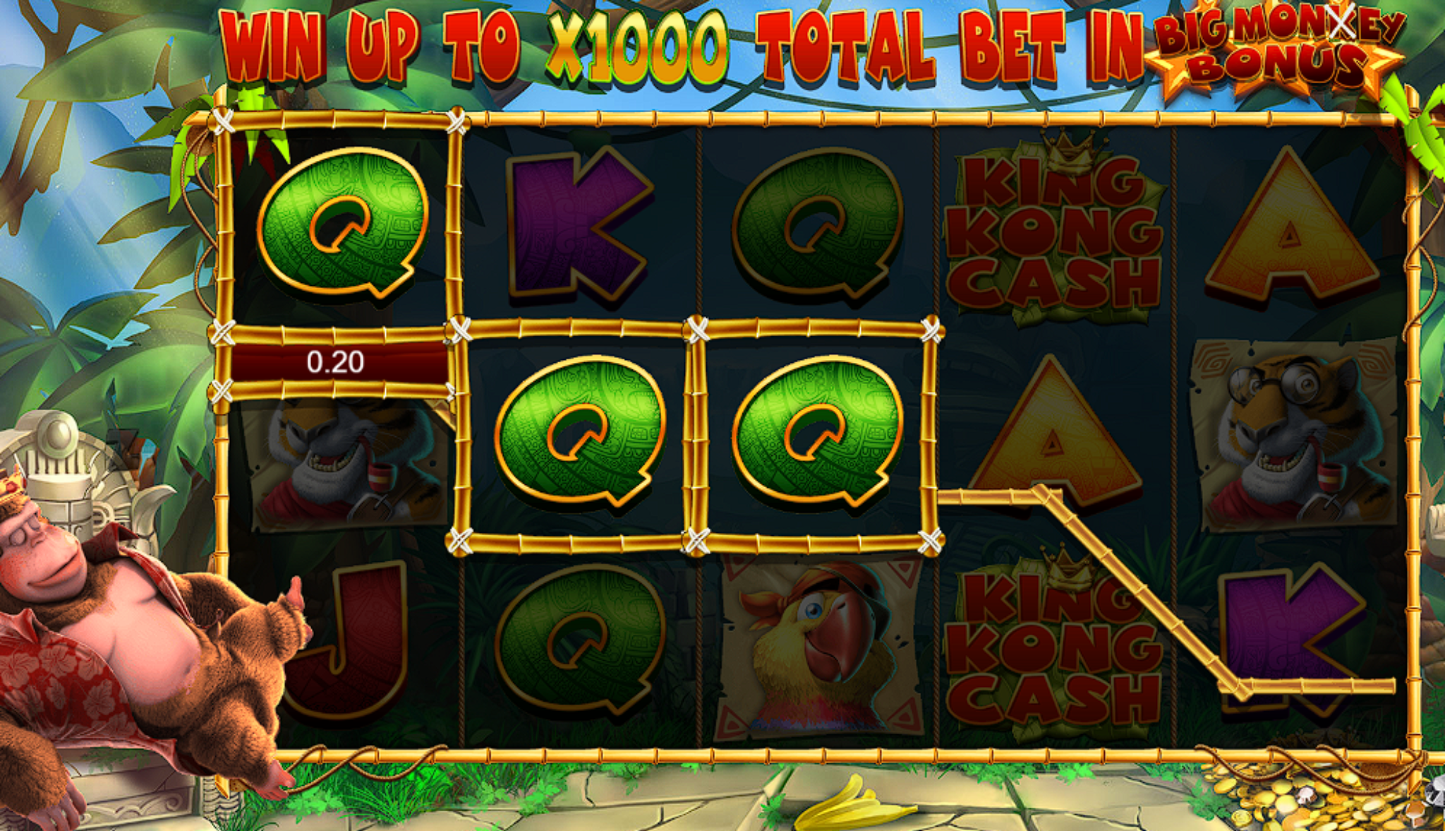 Winning payline example in King Kong Cash slot showing a Q symbol combination with a small payout