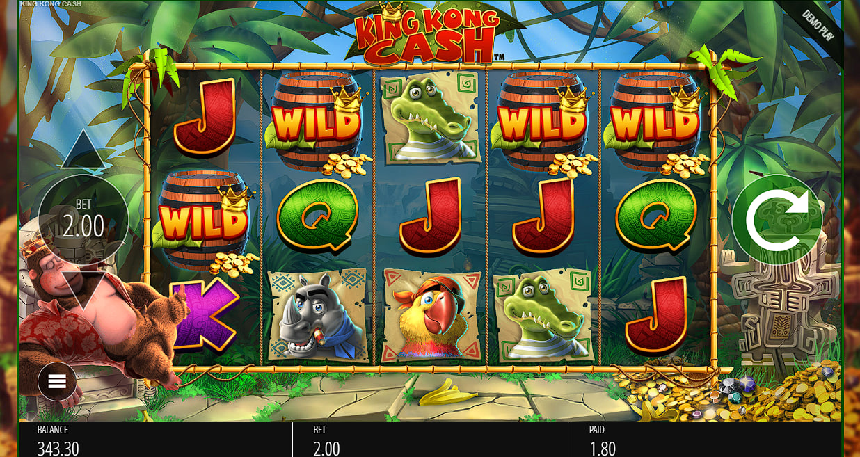 King Kong Cash base game King Kong Cash base game reels with wild barrel symbols and character icons