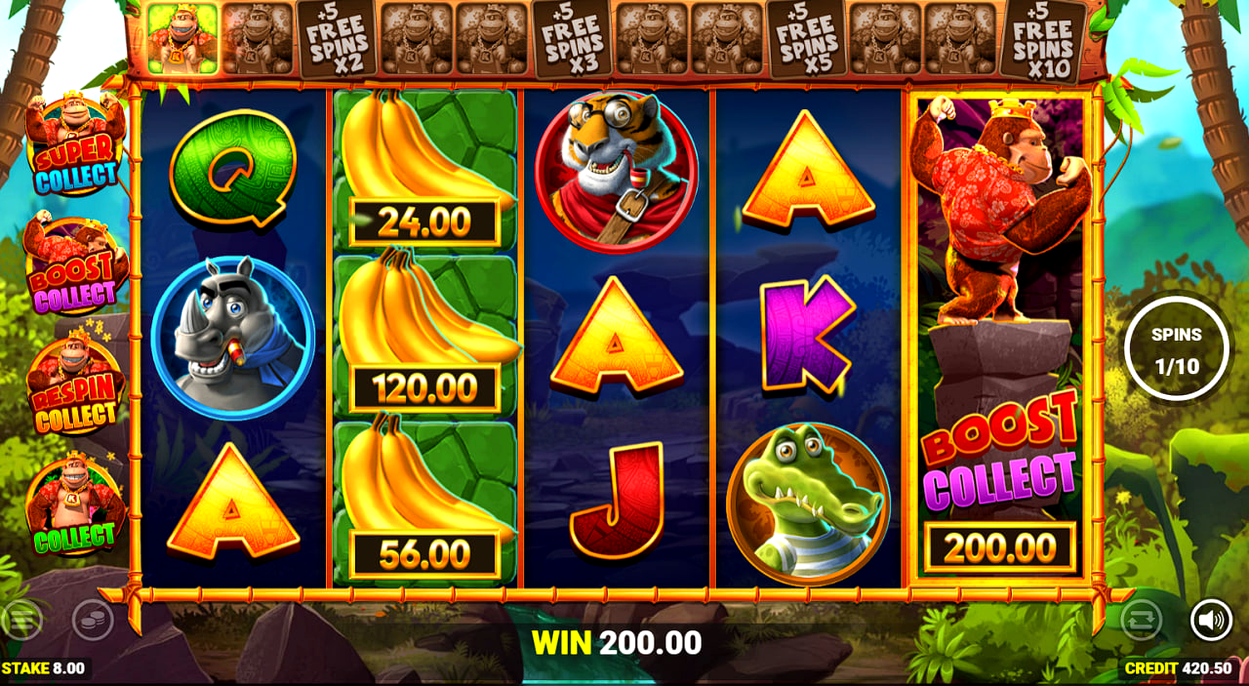 King Kong Cash bonus round showing Boost Collect feature with stacked banana prizes and total win displayed