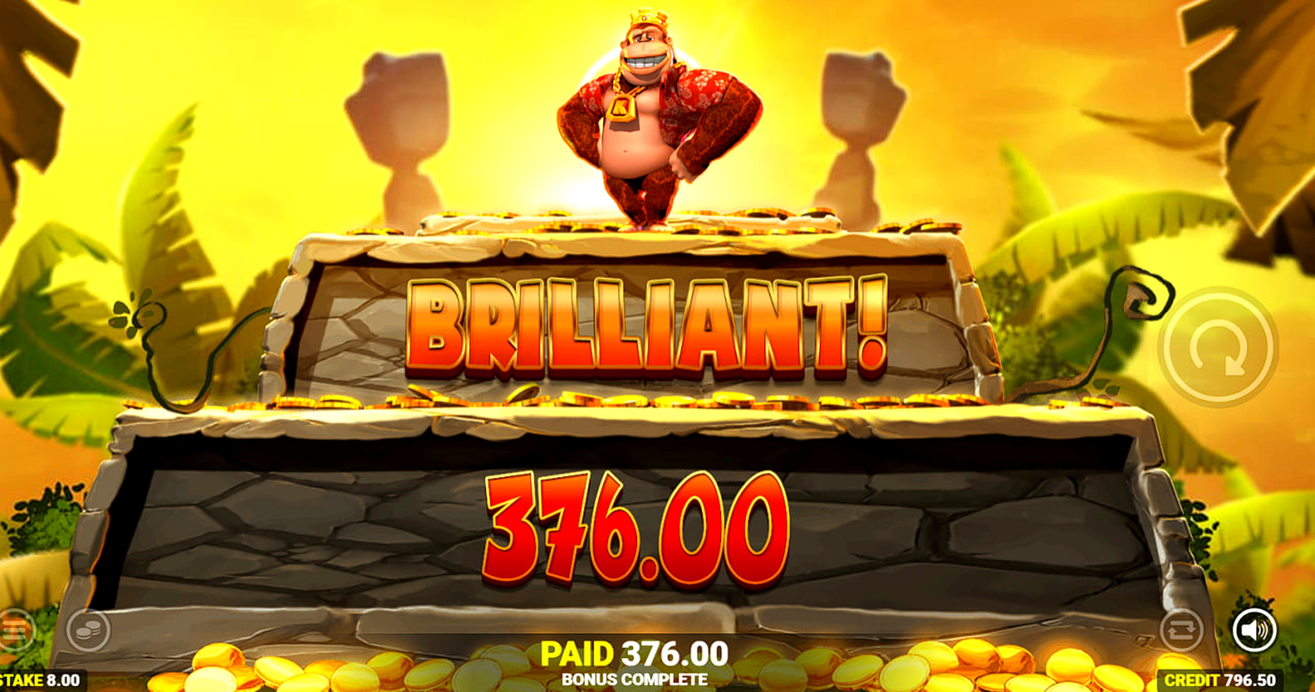 King Kong Cash bonus completion screen showing Brilliant win result of 376.00 with character on podium