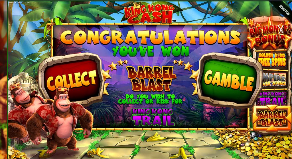 King Kong Cash Barrel Blast bonus screen with Collect and Gamble choice leading to King Kong Trail