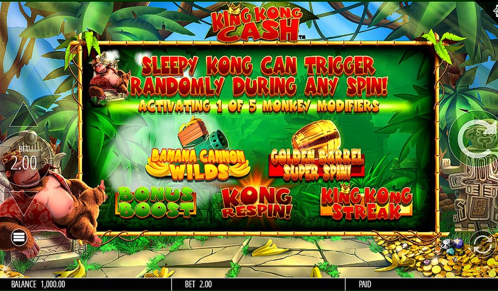 King Kong Cash Sleepy Kong modifiers screen showing random bonus feature triggers