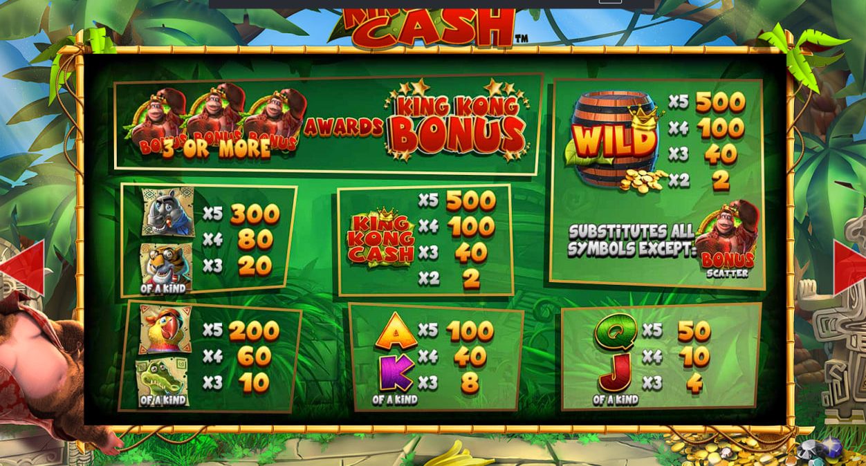 King Kong Cash paytable showing symbol values, Wild substitutions, and bonus rules